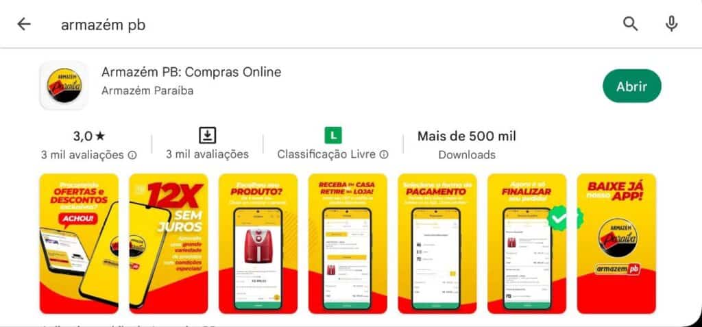 página inicial da play store do app do Armazém PB