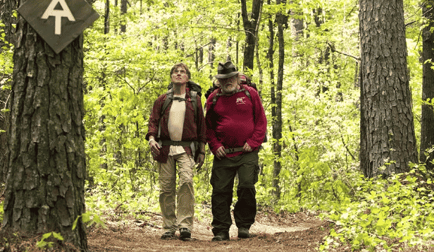 Dois homens caminhando na floresta