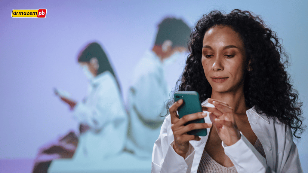 Mulher com aparelho eletrônico celular