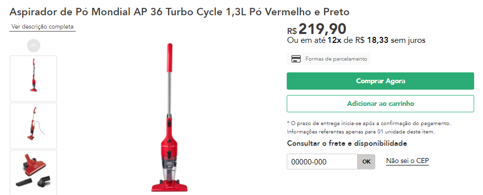 imagem da tela de compra de um aspirador de pó