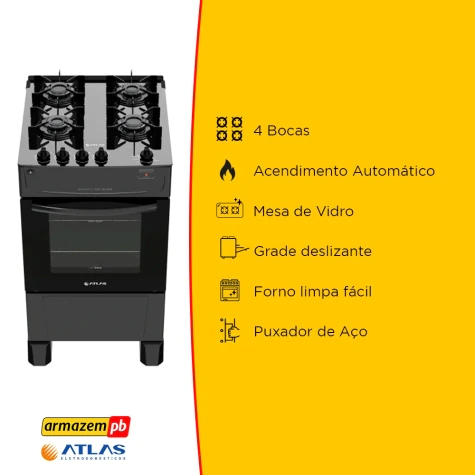 Imagem de um fogão com mesa de vidro com especificações ao lado