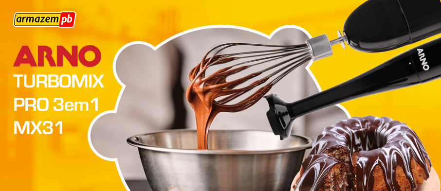 Fotografia de banner da arno com bowl, fuet e chocolate derretido ao lado de um bolo com cobertura de chocolate