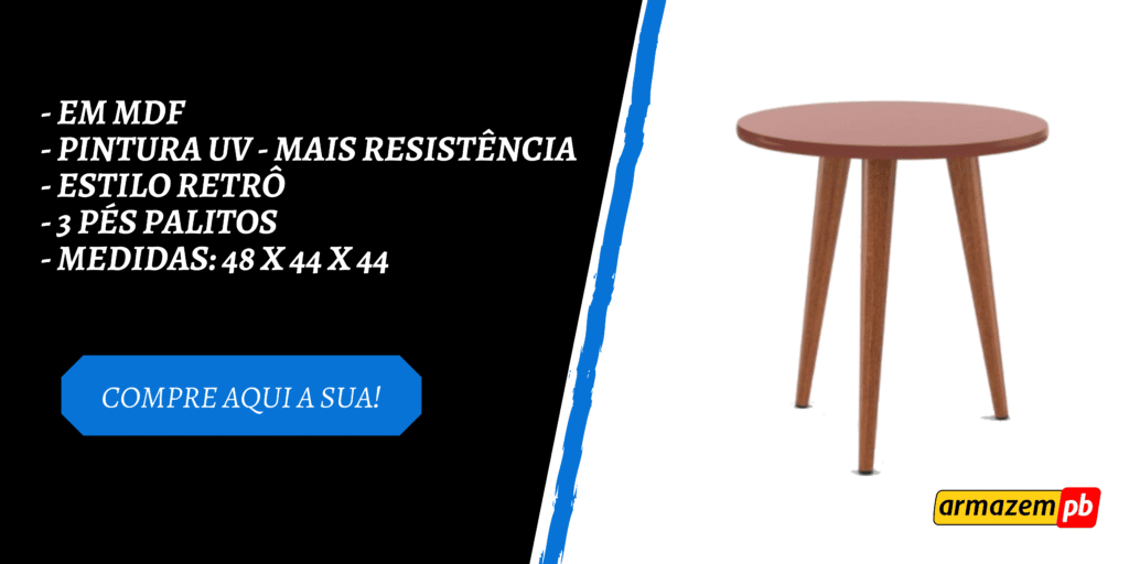 Banner com fotografia de mesa de canto com tampo rosa e pés de madeira. Ao lado descrição do produto