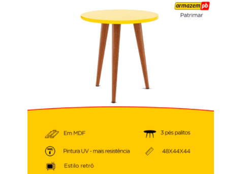 Fotografia de mesa de centro amarela com descrição abaixo