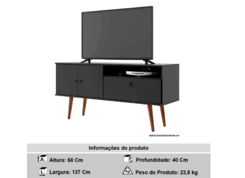 Fotografia de rack preto com televisão em cima e descrição do produto abaixo da imagem