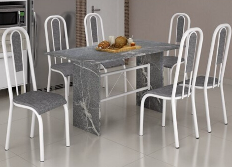 Conjunto de mesa de jantar com tampo de granito e 6 cadeiras