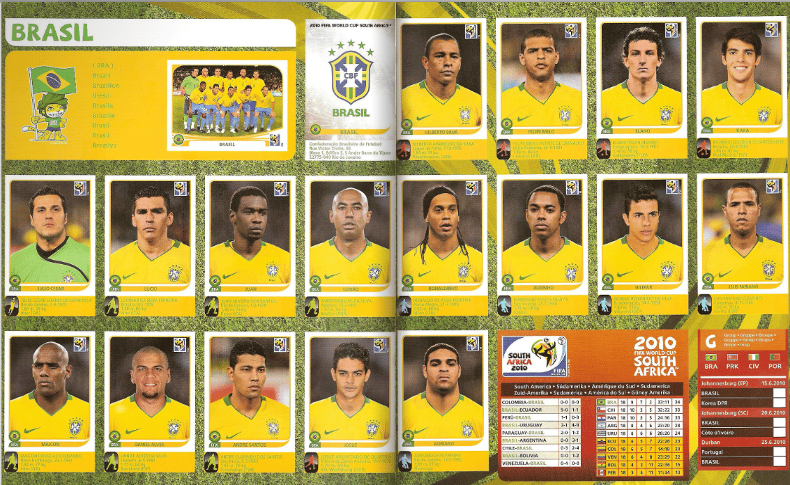 Figurinhas dos jogadores da seleção brasileira em álbum da copa do mundo da África do Sul