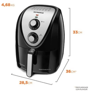 Air Fryer da Mondial com medidas nas extremidades