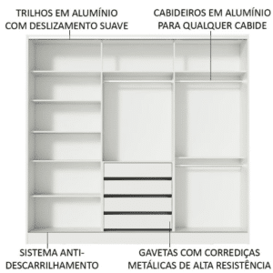 Divisórias do Guarda Roupa Casal 100% MDF Madesa Zurique 3 Portas de Correr com Espelho